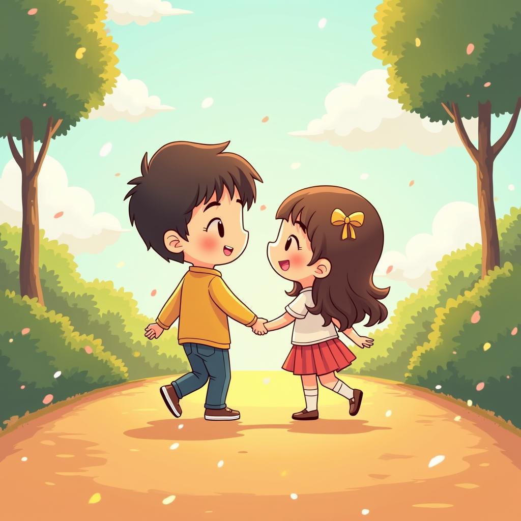 Hinh anh chibi cap doi dang di bo nam tay nhau tren con duong mau sac tuoi sang
